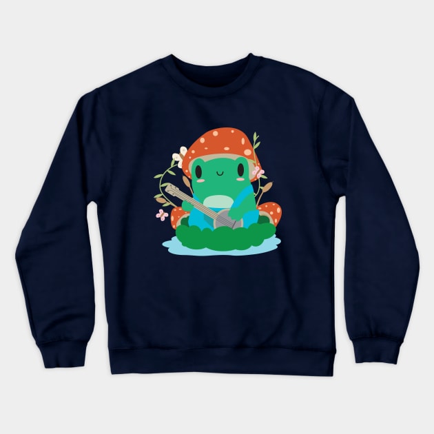 Cottagecore Aesthetic Frog Playing Banjo Mushroom Hat Kawaii Crewneck Sweatshirt by SWIFTYSPADE